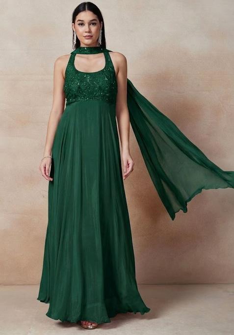 Green Embellished Designer Anarkali With Dupatta