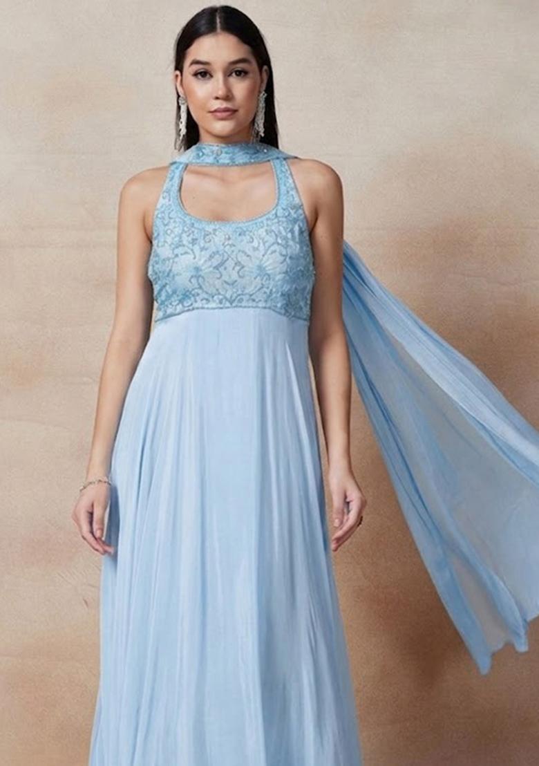 Lightblue Embellished Designer Anarkali With Dupatta - Indya