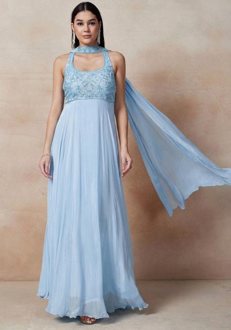 Lightblue Embellished Designer Anarkali With Dupatta