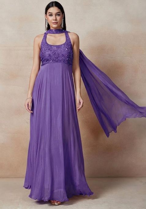 Purple Embellished Designer Anarkali With Dupatta