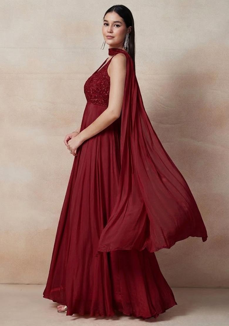 Red Embellished Designer Anarkali With Dupatta - Indya
