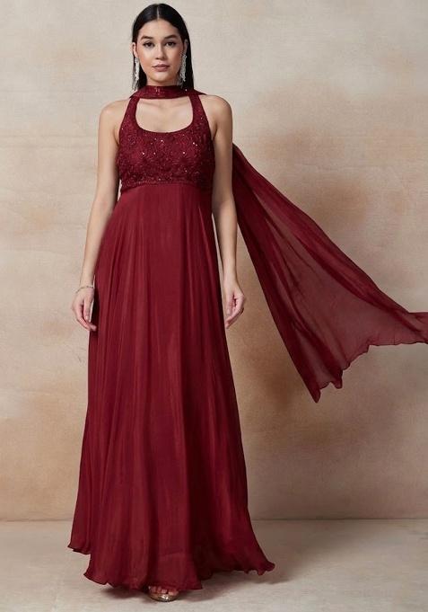 Red Embellished Designer Anarkali With Dupatta