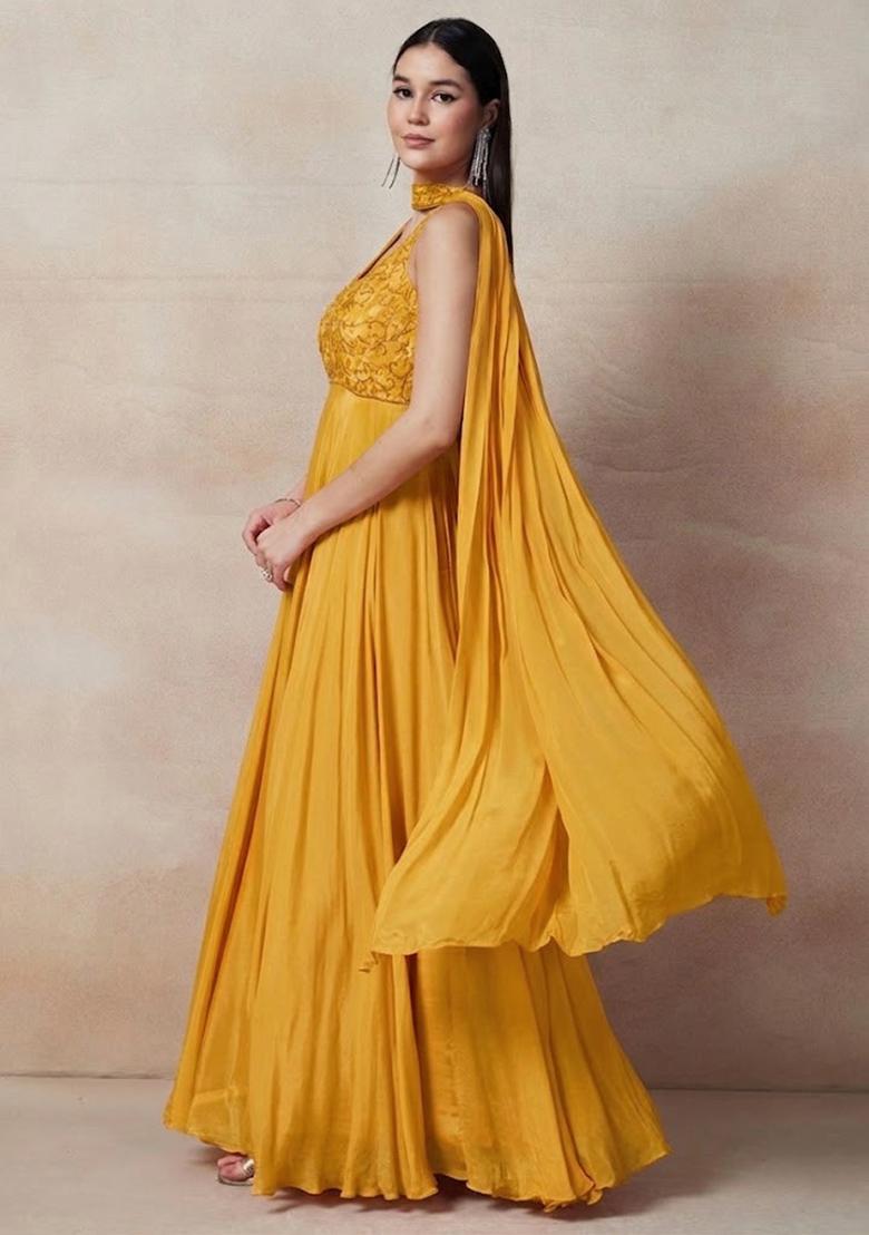 Yellow Embellished Designer Anarkali With Dupatta - Indya
