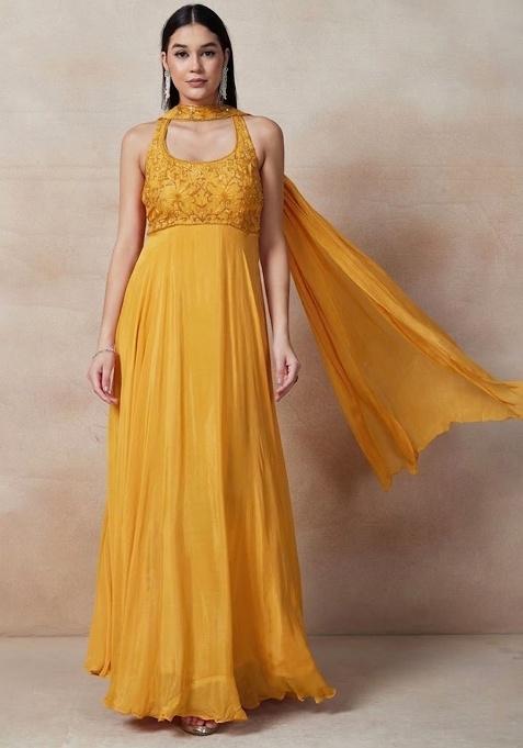 Yellow Embellished Designer Anarkali With Dupatta