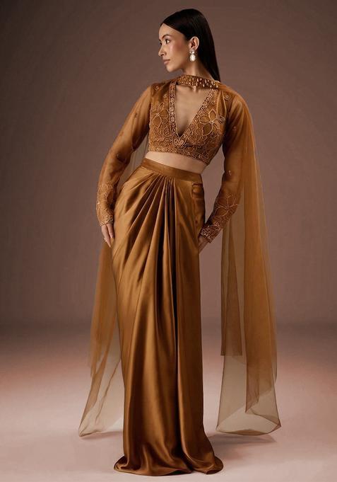 Copper Brown Embroidered Handwork  Fusion Set