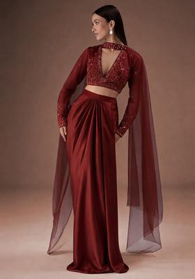 Burgundy Embroidered Handwork Fusion Set