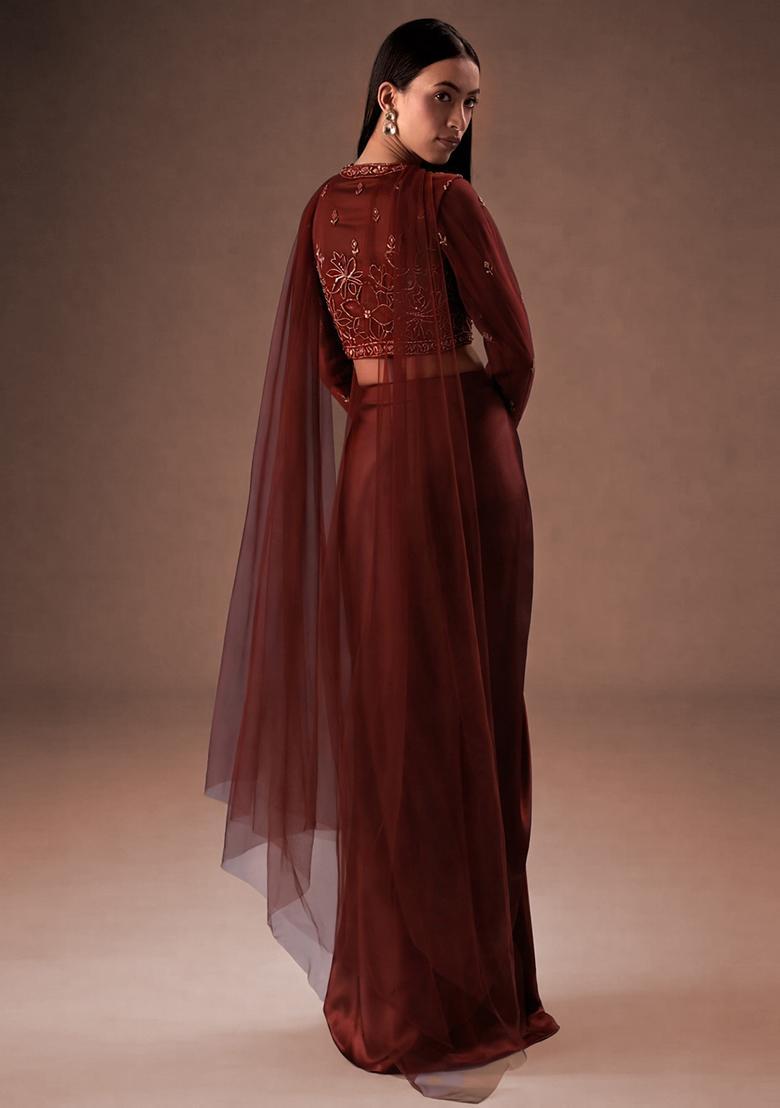 Burgundy Embroidered Handwork Fusion Set - Indya