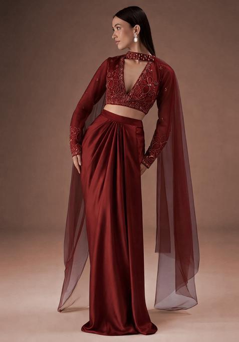 Burgundy Embroidered Handwork  Fusion Set