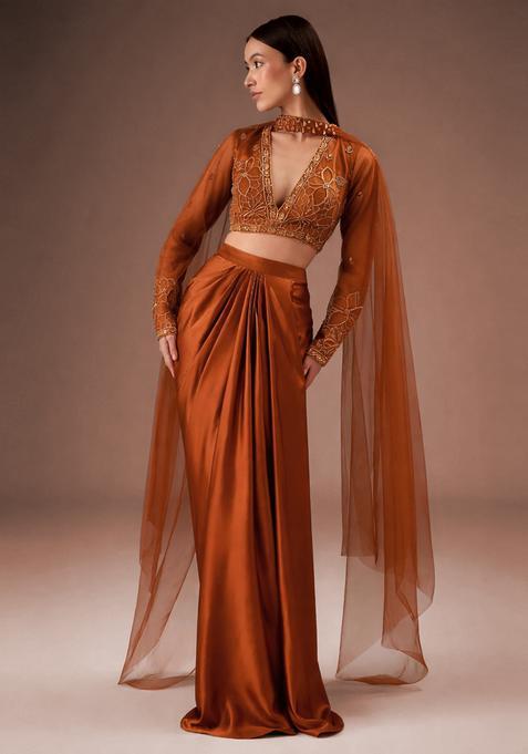 Rust Embroidered Handwork  Fusion Set