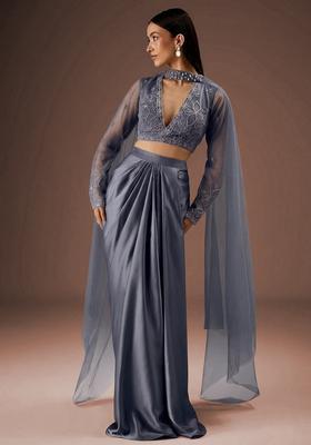 Steel Blue Embroidered Handwork Fusion Set