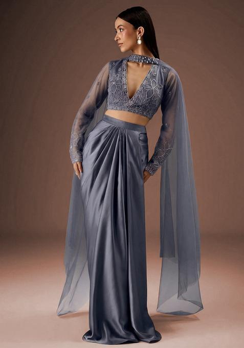 Steel Blue Embroidered Handwork  Fusion Set