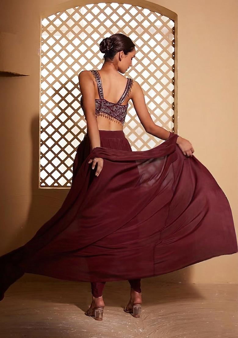 Dark Chocolate Brown Embroidered Handwork Fusion Set - Indya