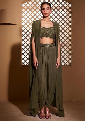 Olive Embroidered Handwork Fusion Set