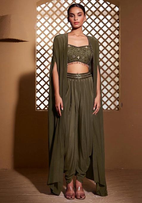 Olive Embroidered Handwork  Fusion Set