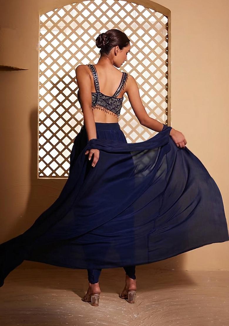 Blue Embroidered Handwork Fusion Set - Indya