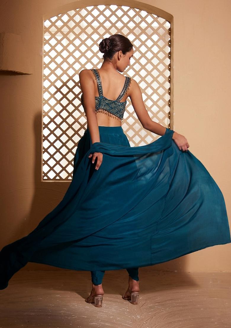 Blue Embroidered Handwork Fusion Set - Indya