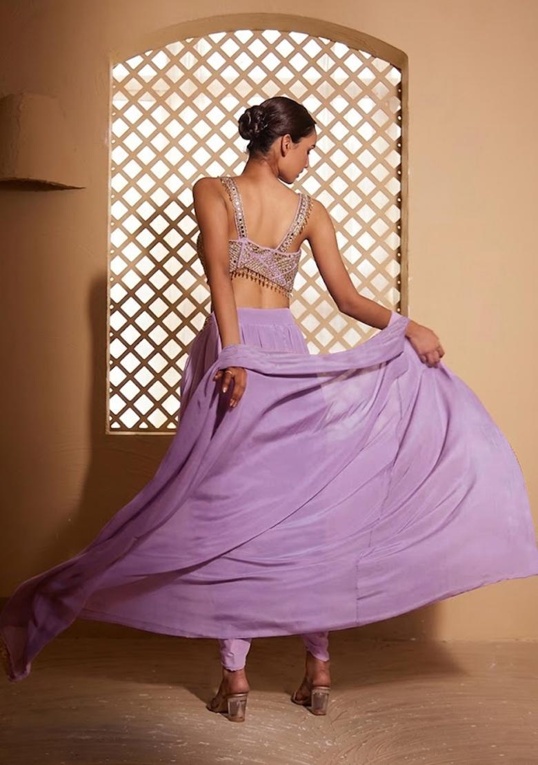 Lavender Embroidered Handwork Fusion Set - Indya