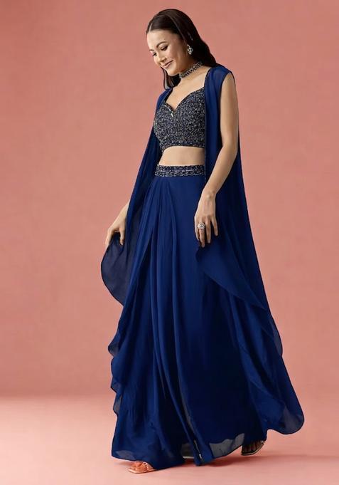 Royal Blue Embroidered Handwork  Fusion Set