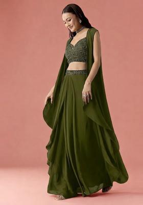 Olive Embroidered Handwork Fusion Set