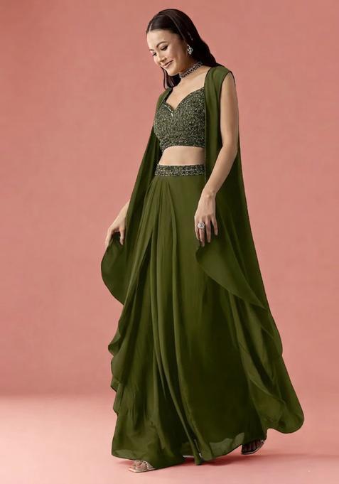 Olive Embroidered Handwork  Fusion Set