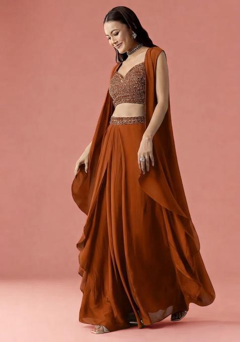 Orange Embroidered Handwork  Fusion Set