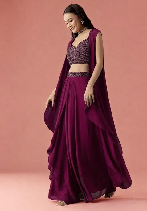 Wine Embroidered Handwork  Fusion Set