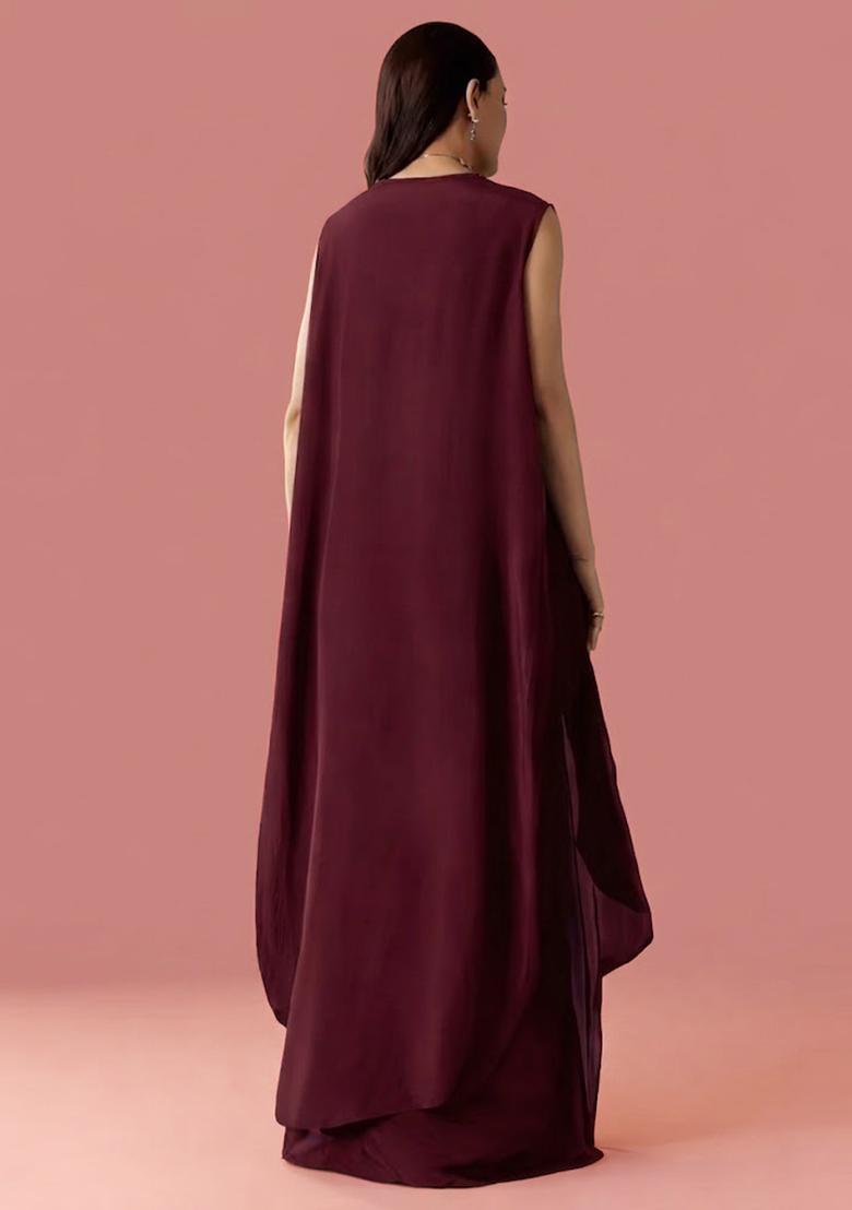 Wine Embroidered Handwork Fusion Set - Indya