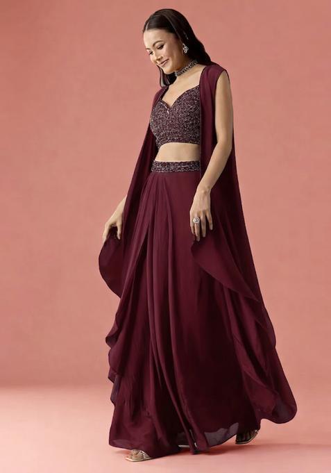 Wine Embroidered Handwork  Fusion Set