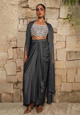 Charcoal Grey Embroidered Handwork Fusion Set