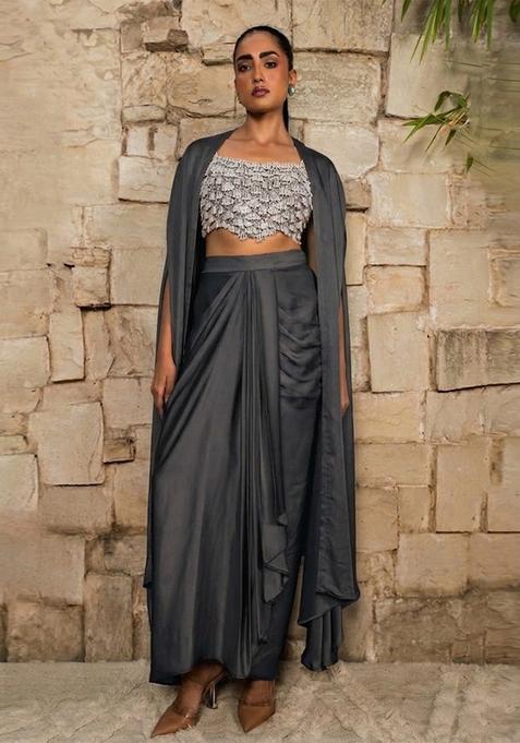 Charcoal Grey Embroidered Handwork  Fusion Set