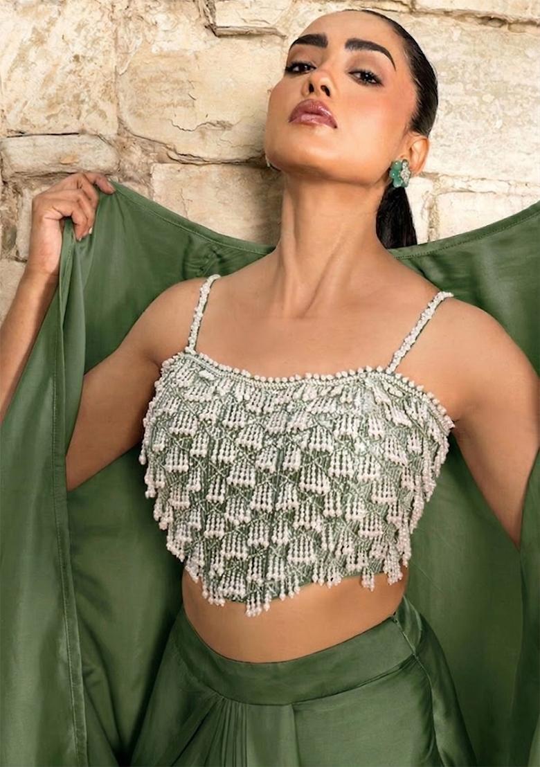 Emarald Green Embroidered Handwork Fusion Set - Indya