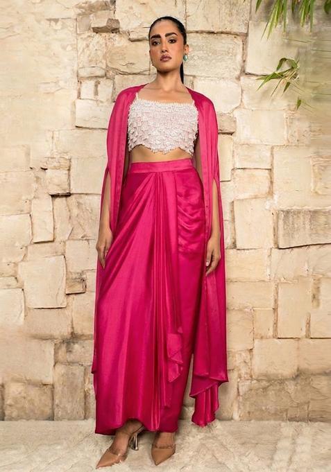 Hot Pink Embroidered Handwork  Fusion Set