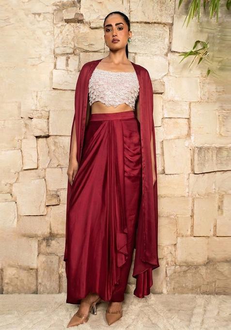 Maroon Embroidered Handwork  Fusion Set
