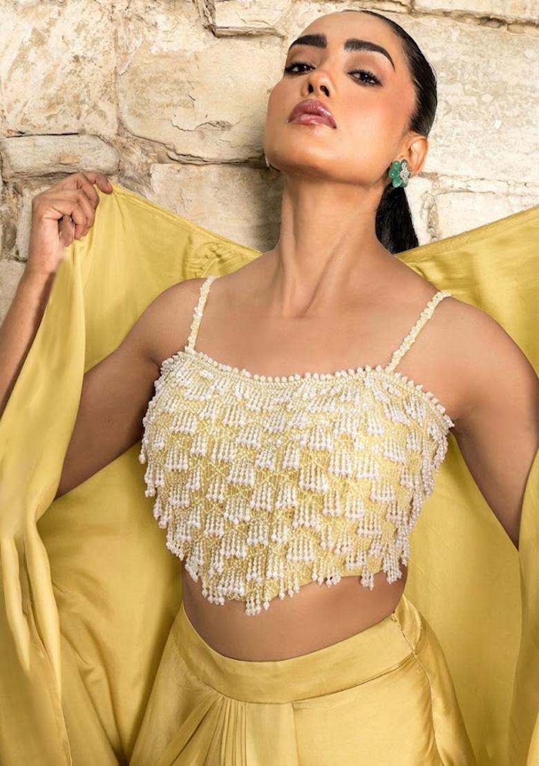 Yellow Embroidered Handwork Fusion Set - Indya