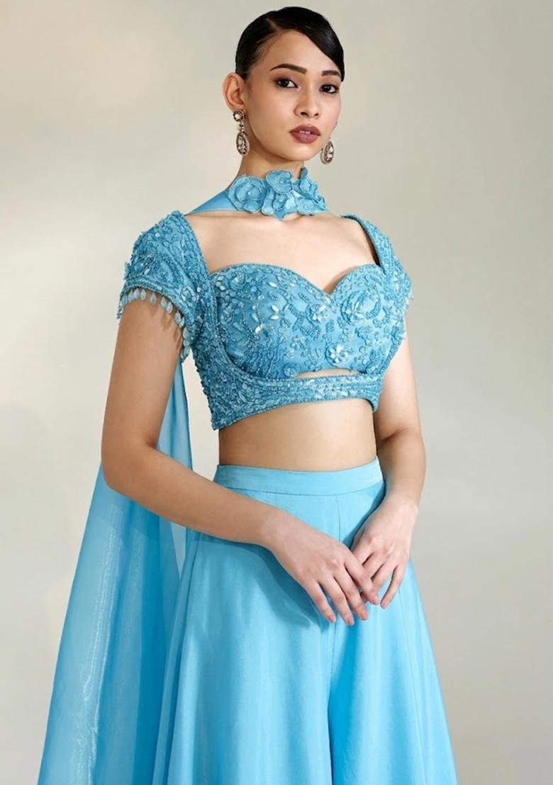 Sky Blue Embroidered Handwork Fusion Set - Indya