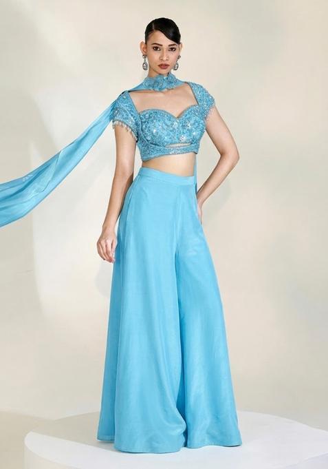Sky Blue Embroidered Handwork  Fusion Set