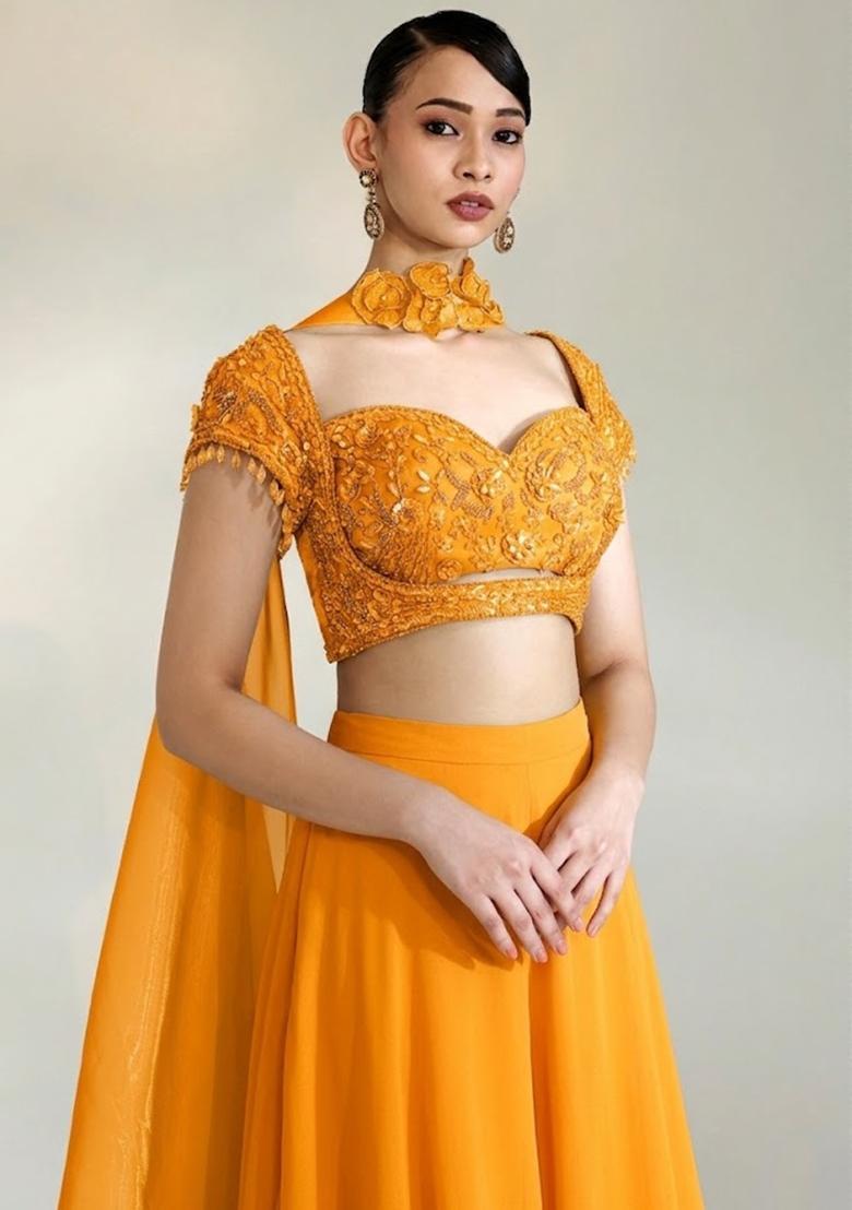 Orange Embroidered Handwork Fusion Set - Indya