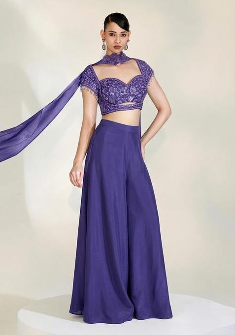 Purple  Embroidered Handwork  Fusion Set