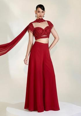 Crimson Red Embroidered Handwork  Fusion Set