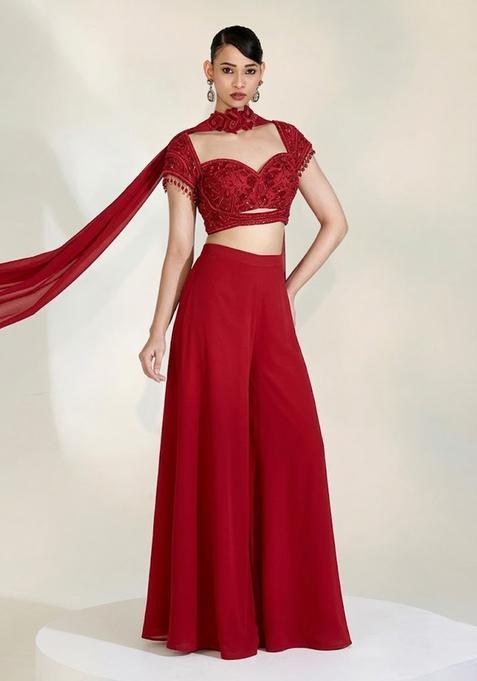 Crimson Red Embroidered Handwork  Fusion Set