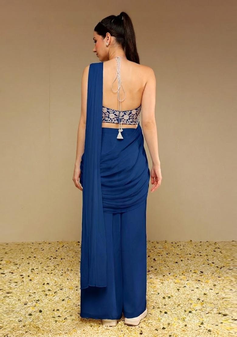Cobalt Blue Embroidered Handwork Fusion Set - Indya