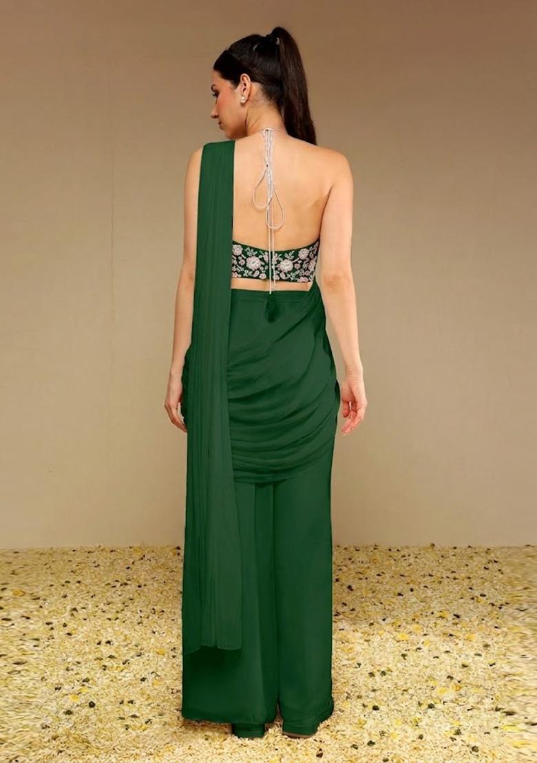 Green Embroidered Handwork Fusion Set - Indya