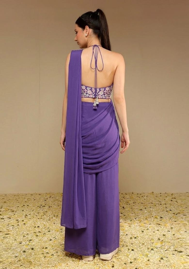 Violet Embroidered Handwork Fusion Set - Indya