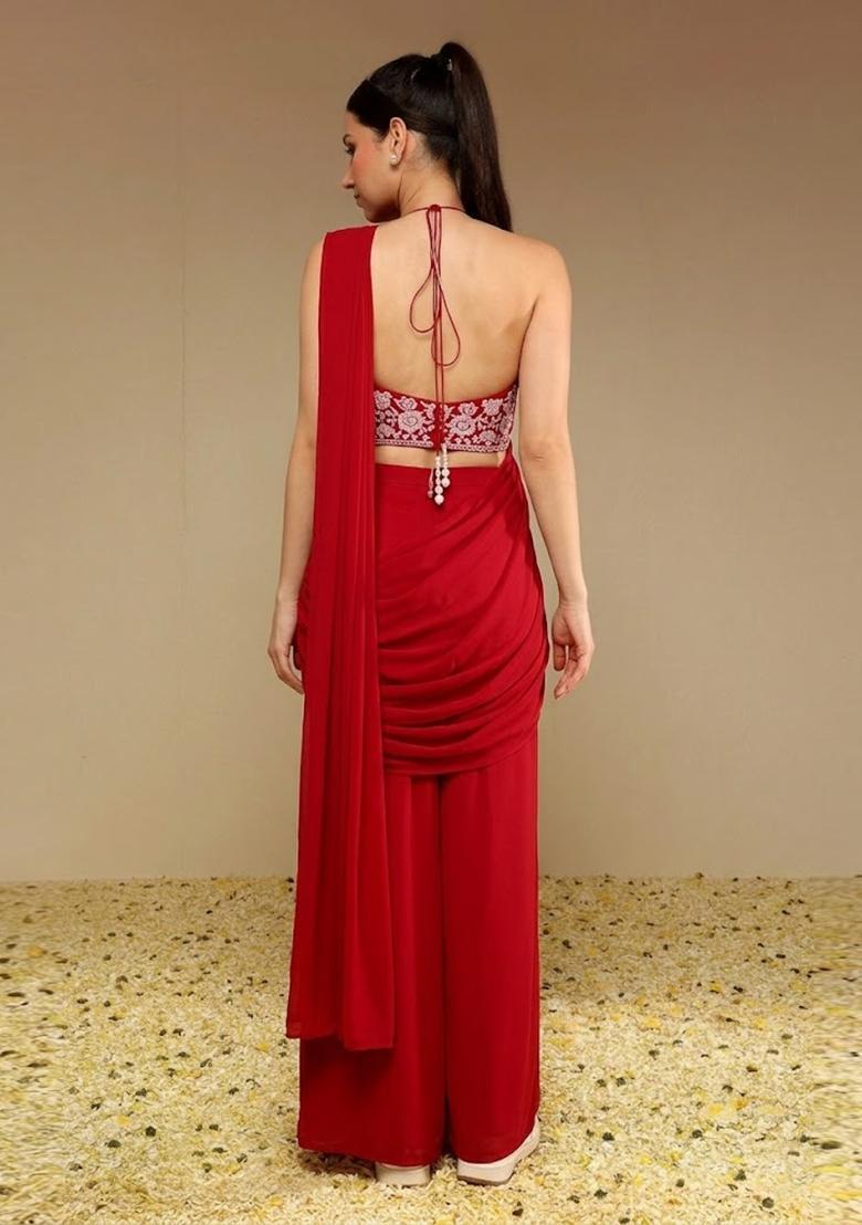 Red Embroidered Handwork Fusion Set - Indya