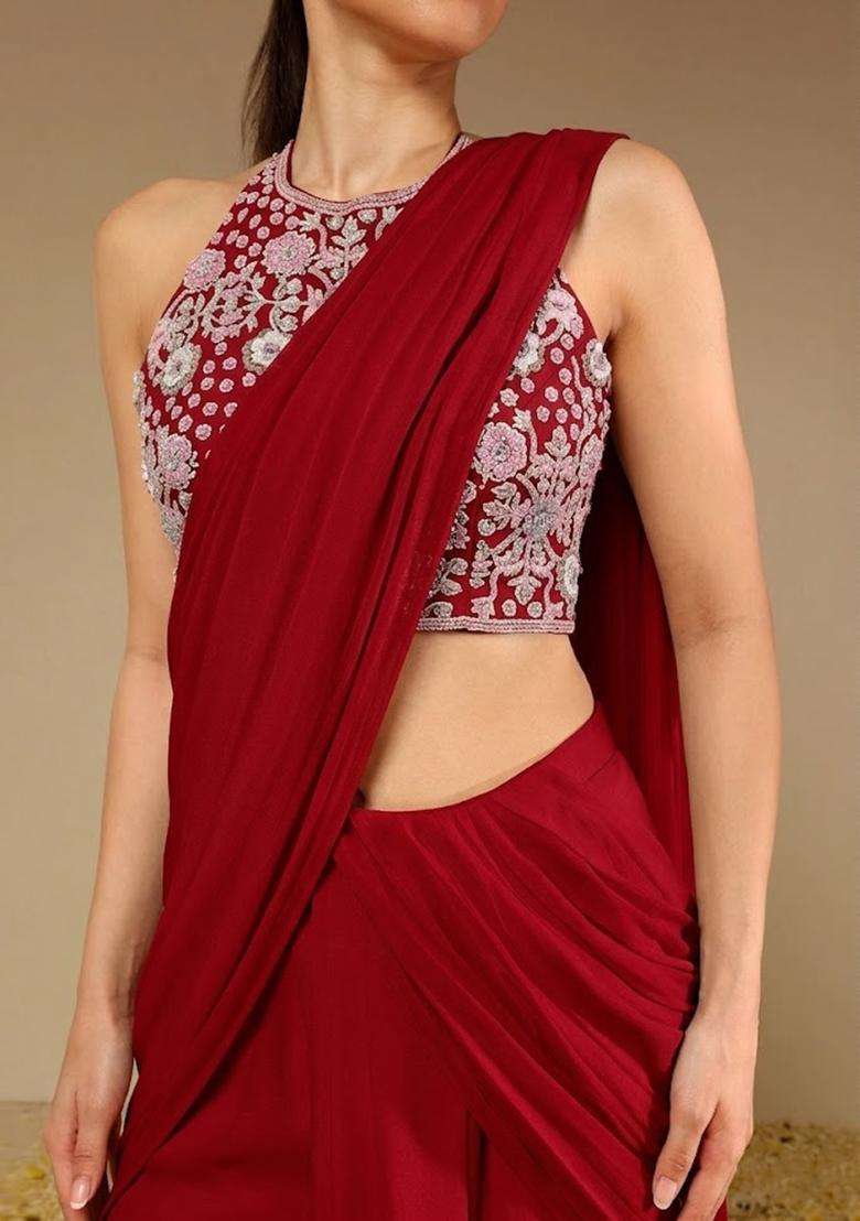 Red Embroidered Handwork Fusion Set - Indya