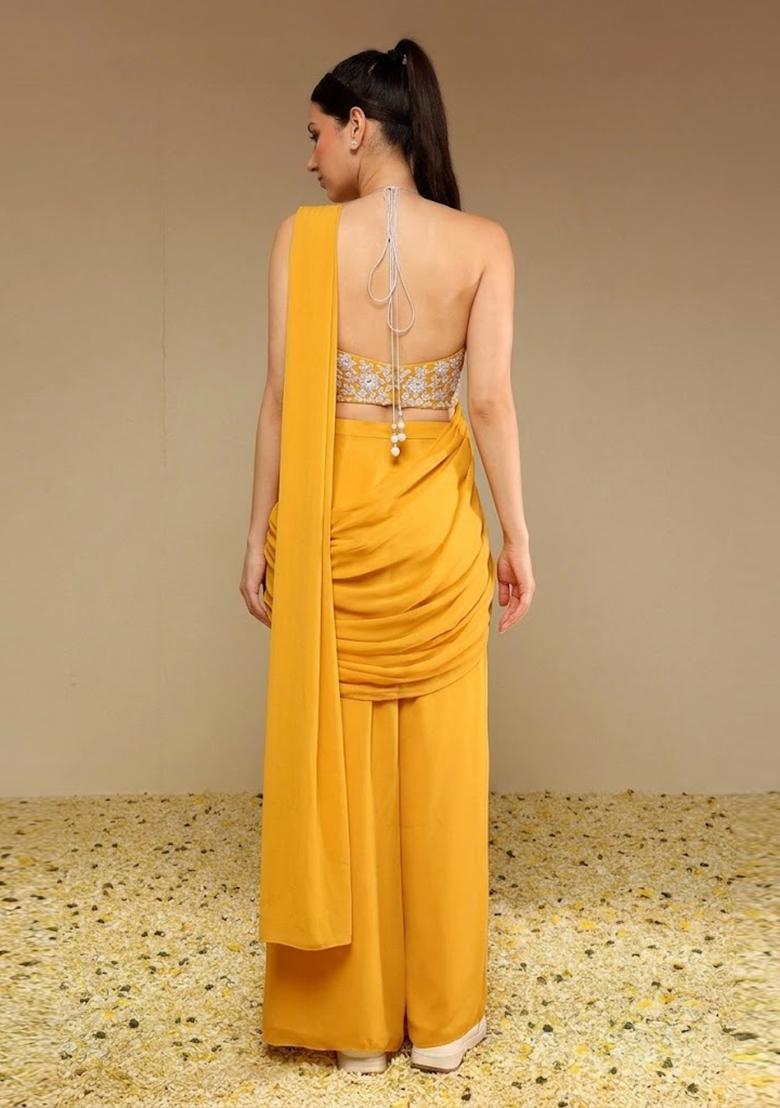 Yellow Embroidered Handwork Fusion Set - Indya