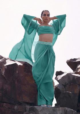 Mint Green Embroidered Handwork  Fusion Set