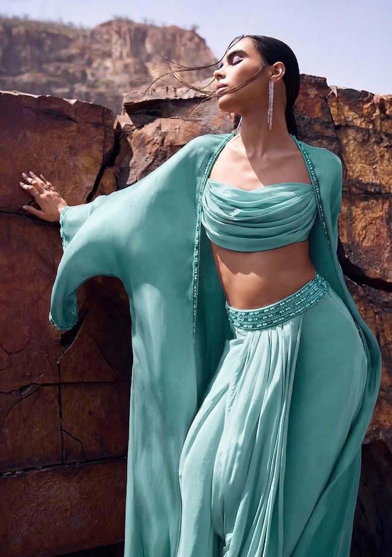 Mint Green Embroidered Handwork Fusion Set - Indya