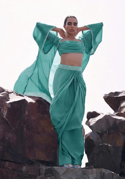Mint Green Embroidered Handwork Fusion Set