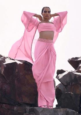 Rose Pink Embroidered Handwork  Fusion Set